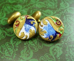Guilloche Enamel Cufflinks Vintage Victorian Gold  Green blue &amp; Red Old ... - £87.92 GBP