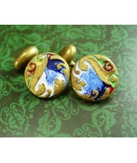 Guilloche Enamel Cufflinks Vintage Victorian Gold  Green blue &amp; Red Old ... - £86.90 GBP