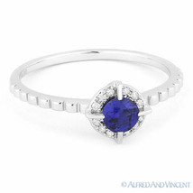 0.34ct Round Cut Lab-Made Blue Sapphire &amp; Diamond Promise Ring in 14k White Gold - £289.45 GBP
