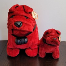 Vintage Lot of 2 Shalom Toy 9&quot; &amp; 14&quot; Red Bull Dog Plush Stuffed Animal w/ Tags - £34.94 GBP