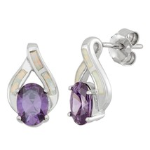 Sterling Silver White Inlay Opal w/ Large Purple Oval CZ Earrings - £48.60 GBP