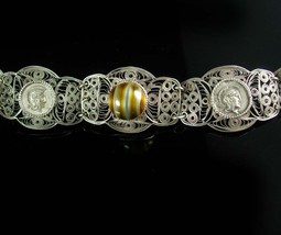 Antique Coin Bracelet Neoclassical sterling silver filigree striped agate center - £179.20 GBP