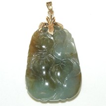 Large Carved Jade Pendant Gourd Shape Carved Botanical 14K Bail of Gold ... - £226.55 GBP