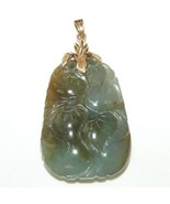 Large Carved Jade Pendant Gourd Shape Carved Botanical 14K Bail of Gold ... - $285.00