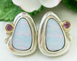 Sterling Australian Opal Earrings with Plum Garnet 14K bezel Frame - $135.00