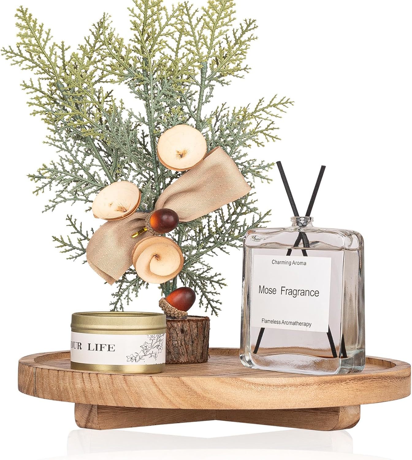 Round Decorative Tray Wood Bathroom Counter Organizer Farmhouse Kitchen,... - $41.99