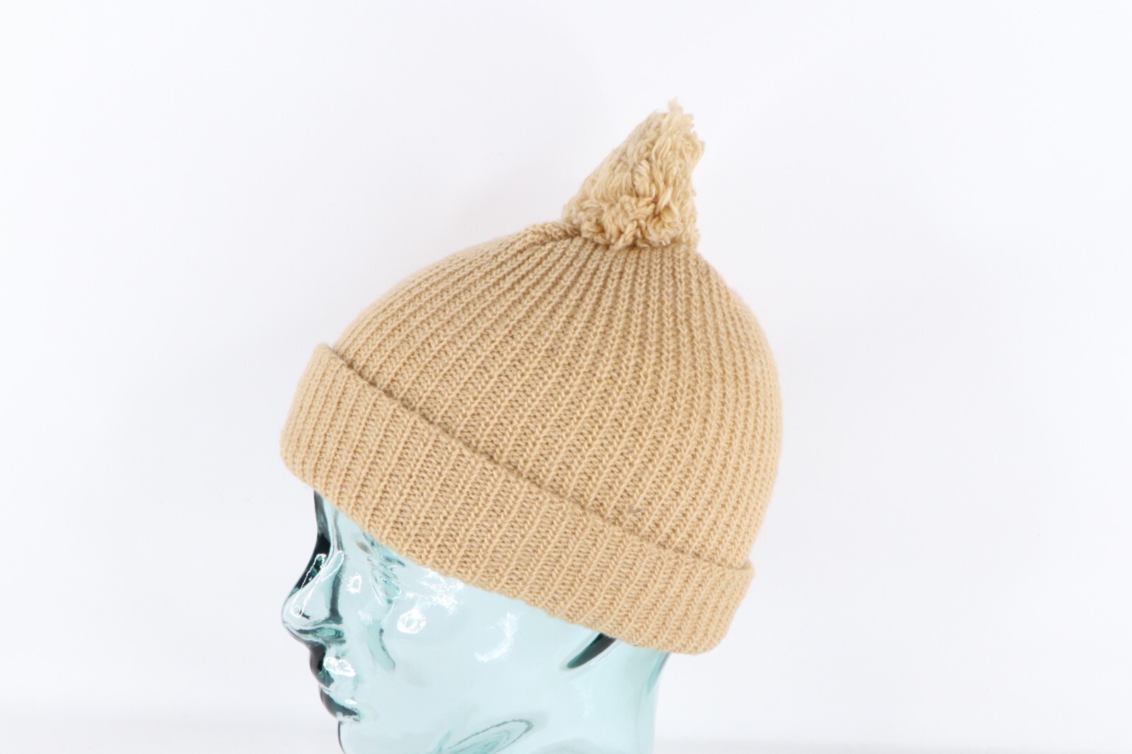 NOS Vintage 90s Streetwear Blank Ribbed Knit Pom Winter Beanie Hat Tan Womens Item image 2