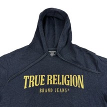 True Religion Hoodie Sleeve Print Big Logo Mens L Dark Blue Gold Print - $29.39