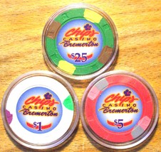 (1) Chips Casino Chip Sample Set - Bremerton, Washington - 3 Chips - £15.68 GBP