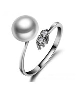 Freshwater Pearl Austrian Zircon Bypass Ring White 14k Gold over 925 SS - $474.98 MXN