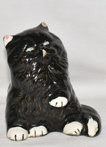 Vintage Black Cat Figurine 4.5&quot; x 3.5&quot; Porcelain Cat w Green Eyes c1980 Signed - £7.95 GBP