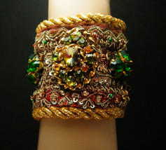 French Bullion Renaissance CUFF bracelet loaded with jewels Gold metallic trim  - £215.12 GBP