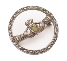 925 Sterling Silver Vintage Brooch Pin Antique Marcasite Carved Claddagh BP10810 - £34.85 GBP