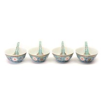Set 4 Rice Bowls &amp; Spoons Wan Shou Longevity Famille Turquoise Porcelain... - $54.42