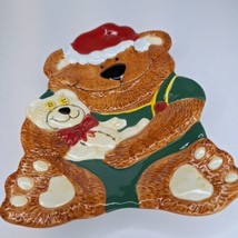 Christmas Teddy Bear Ceramic Serving Plate Dish Hand Painted Embossed - £15.65 GBP