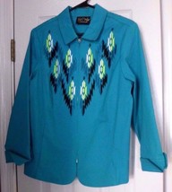 BOB MACKIE Wearable Art Womens Jacket Sz M Embroidered Turquoise - £23.19 GBP