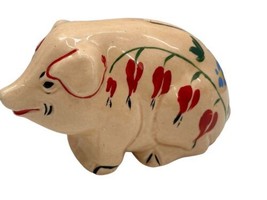 Vintage 1930&#39;s Ceramic Pig Piggy Bank Pink With Red and Blue Floral Designs - £15.52 GBP