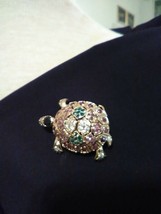 VINTAGE GOLDEN PIN BROOCH TURTLE EMERALD RUBY SAPPHIRE GEMS HEAD FEET TA... - $60.00