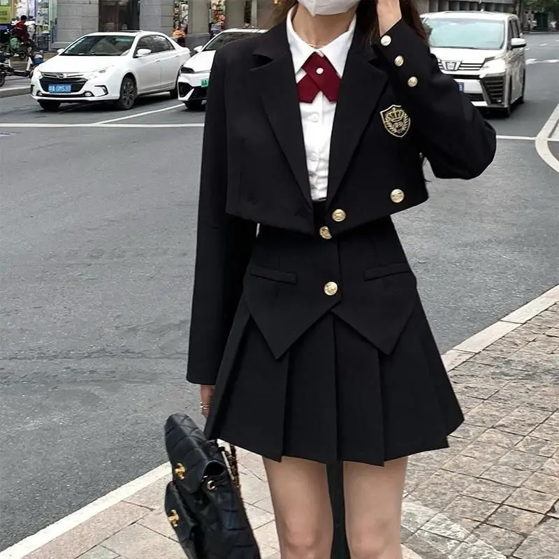  JK skirt suits autumn Korean women&#39;s short blazer jacket + shirt pleated skirt  - £190.39 GBP