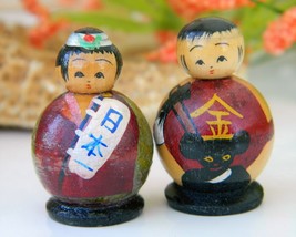 Vintage kokeshi dolls pair miniatures wood nodder box japan thumb200