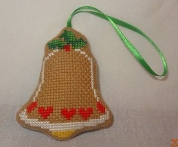 New bell Christmas Ornament Finished Cross Stitch Handmade Backed Fabric Stuffed - £11.91 GBP