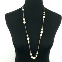 J CREW faux pearl goldtone chain necklace - clear rhinestone rondelle accent 34" - £7.97 GBP