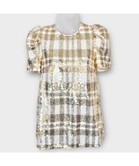 THML cream &amp; gold plaid puff sleeve sequin top size XS holiday festive v... - $35.00