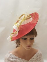 RED &amp; GOLD Hat Fascinator Long Quill Feathers,Gold French Netting detail Wedding - £63.94 GBP