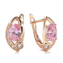 New 585 Rose Gold Earrings for Women Micro Wax Inlay Big Oval Pink Natural Zirco - £7.24 GBP