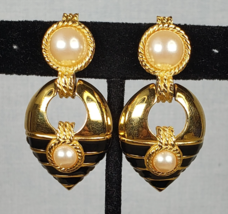 Vintage Richelieu Gold Tone Black Enamel Faux Pearl Dangle Clip on Earrings - $39.06