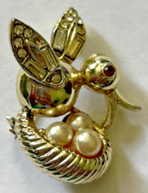 Vintage Lightn Gold Tone Hummingbird Brooch Faux Pearl and Rhinestone SKU PB76 - £10.38 GBP