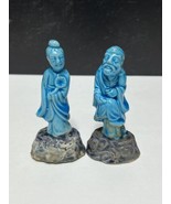 Pair Antique Chinese 4&quot; Turquoise Statue Figurine Ceramic Blue Qing Immo... - £27.22 GBP