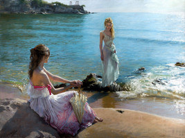 Art Giclee Printed Oil Painting Print Two girls beach vacati - £6.05 GBP+