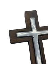 Vintage Mexican Rustic Primitive Pewter &amp; Wood Hand Made Cross 5.5&quot; - £10.96 GBP