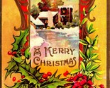 A Merry Christmas Framed Cabin Scene Holly UNP Gilt Embossed 1910s Postcard - $3.91