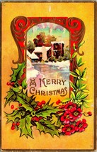 A Merry Christmas Framed Cabin Scene Holly UNP Gilt Embossed 1910s Postcard - £3.13 GBP