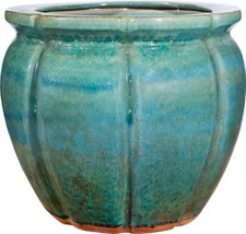 Planter Vase Round Ribbed Speckled Green Ceramic Hand-Crafted - £382.41 GBP