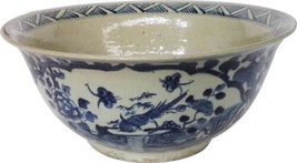 Bowl Dynasty Bird Floral Medallion Animal Ink Blue Ceramic Handmade - $379.00