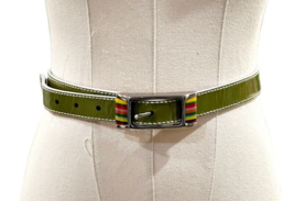 Fossil Skinny Belt Womens Size S Olive Genuine Patent Leather Colorful Buckle - £11.68 GBP