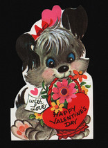 Vintage Valentines Day Card With Cute Puppy With Basket - £5.39 GBP