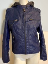 Cielo Basic Outerwear Blue Faux Leather Jacket with Gray Knit Hood Size S - £26.13 GBP