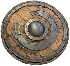 Medieval Warrior Wooden Viking Shield Round Shield Dragon Face Viking Sh... - $159.60
