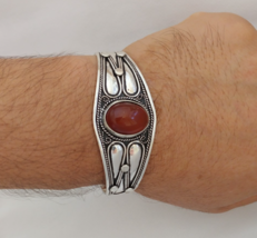 Moroccan Bracelet Silver Agate Cuff Vintage Berber Tribal Ethnic Adjusta... - €85,44 EUR