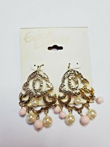 Erica Lyons Gold Tone French Wire Chandelier Dangle Earrings Pearls Pink Cream - £10.67 GBP