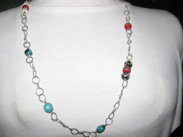 Hand Twisted Sterling Silver Necklace with Turquoise, Bone, Tibetan Pray... - $125.00