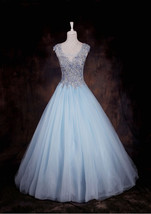 Rosyfancy Pale Blue Beaded Lace Applique Bodice Puffy Tulle Skirt Evening Gown - £195.80 GBP