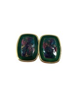 Vintage Earrings Gold Tone Green 80s Swirl Light Weight Large Enamel 1.5... - $14.85