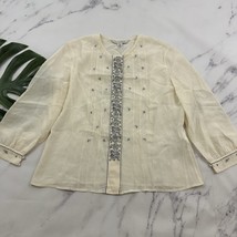 Casual Corner Womens Vintage 90s Silk Peasant Top Size 12 Cream Blue Floral - $29.69