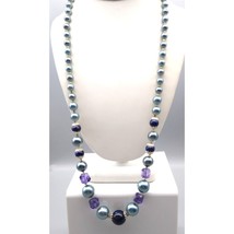 Vintage Slate Blue Long Beaded Necklace, Lovely Pastel Strand with Purple Lucite - £25.53 GBP