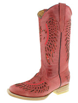 Womens Western Boots Red Leather Sequins Fleur-De-Lis Wings Square 4.5, 6.5, 9.5 - $97.00